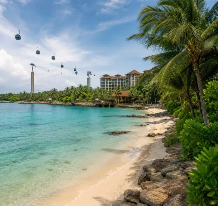 Sentosa Island Singapore beach with cable cars, turquoise water, palm trees and resort view in daylight