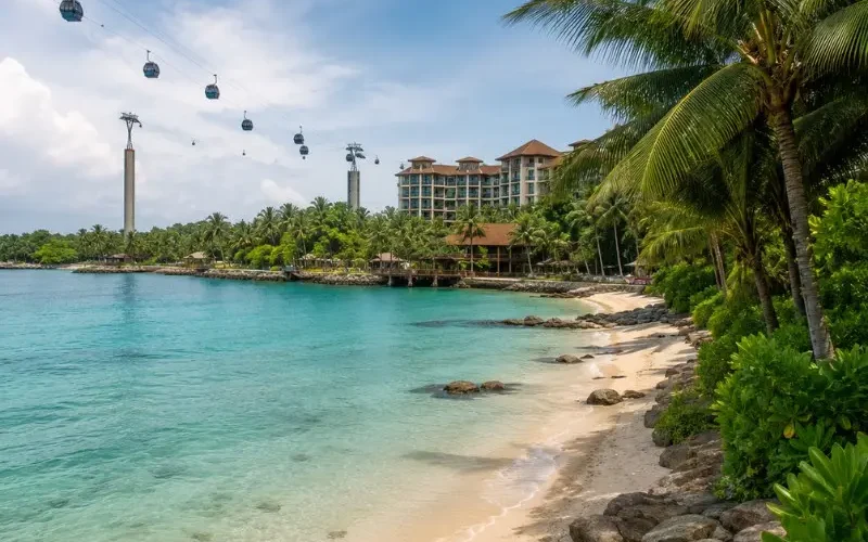Sentosa Island Singapore beach with cable cars, turquoise water, palm trees and resort view in daylight
