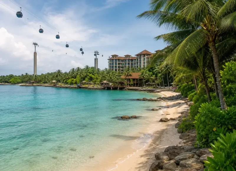 Sentosa Island Singapore beach with cable cars, turquoise water, palm trees and resort view in daylight