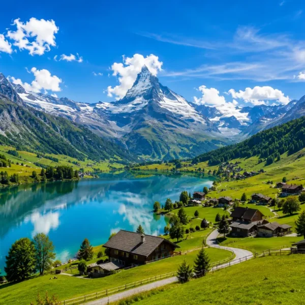 Switzerland alpine scenery with turquoise lake, green meadows, chalet village, and snow-capped Matterhorn mountain.