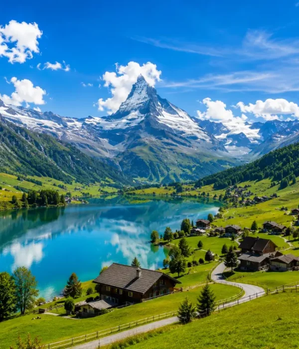 Switzerland alpine scenery with turquoise lake, green meadows, chalet village, and snow-capped Matterhorn mountain.