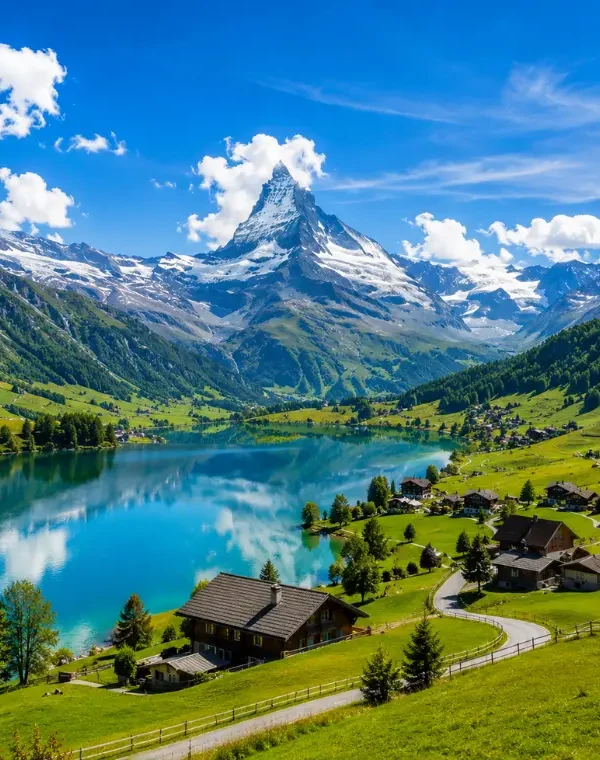 Switzerland alpine scenery with turquoise lake, green meadows, chalet village, and snow-capped Matterhorn mountain.