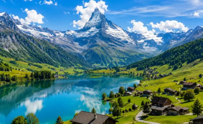 Switzerland alpine scenery with turquoise lake, green meadows, chalet village, and snow-capped Matterhorn mountain.