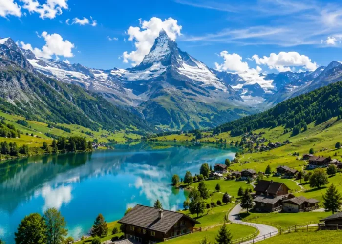 Switzerland alpine scenery with turquoise lake, green meadows, chalet village, and snow-capped Matterhorn mountain.