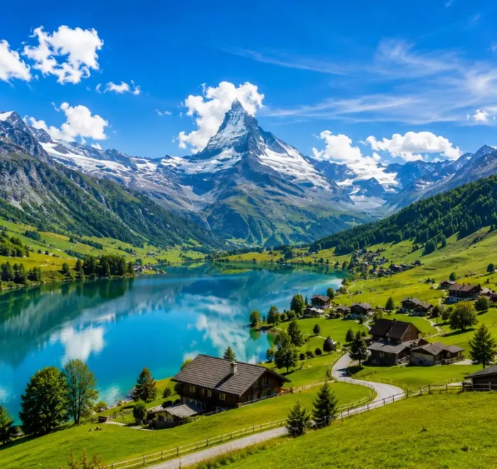 Switzerland alpine scenery with turquoise lake, green meadows, chalet village, and snow-capped Matterhorn mountain.