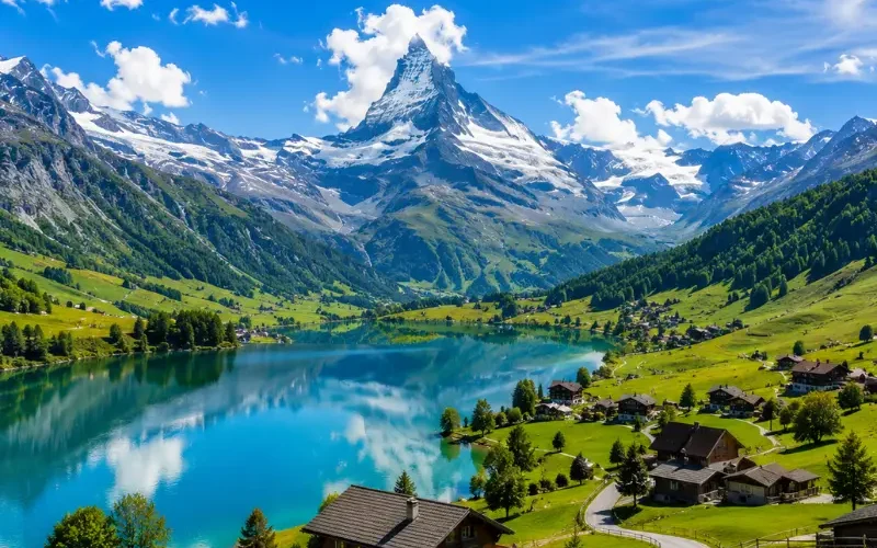 Switzerland alpine scenery with turquoise lake, green meadows, chalet village, and snow-capped Matterhorn mountain.