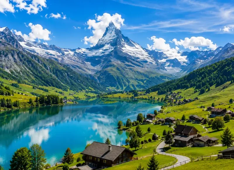 Switzerland alpine scenery with turquoise lake, green meadows, chalet village, and snow-capped Matterhorn mountain.