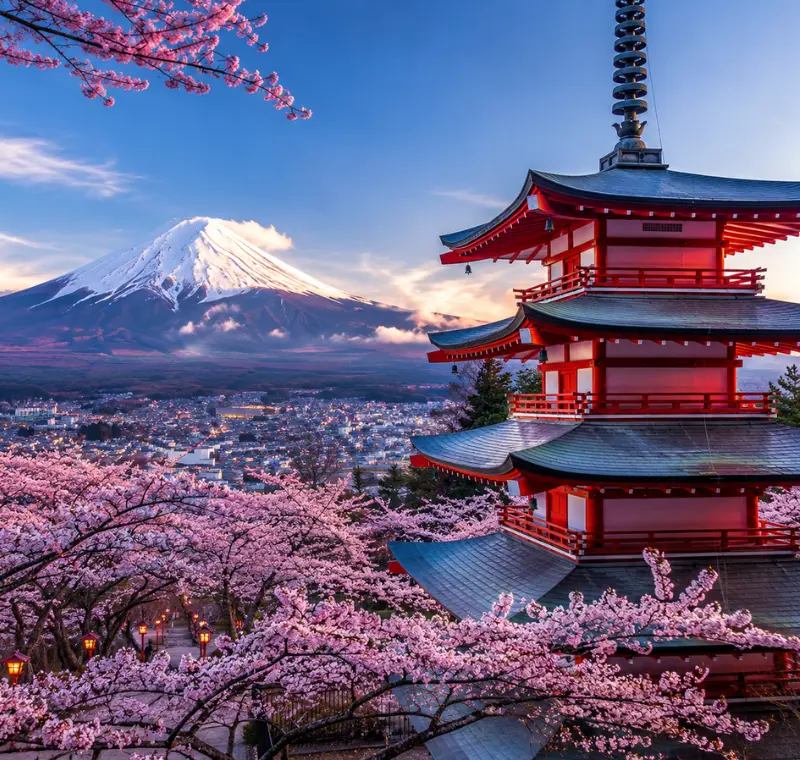 Bright Tokyo view with pink cherry blossom trees, a red temple, and snow-capped Mount Fuji in the background.
