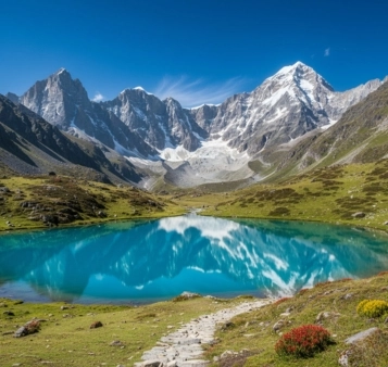 A hyper-realistic, square-format photograph of Tawang, Arunachal Pradesh, India, showcasing towering, snow-capped Himalayan peaks, serene alpine lakes, and lush green valleys, with a subtle hint of vibrant rhododendron blooms, under a clear, deep blue sky.