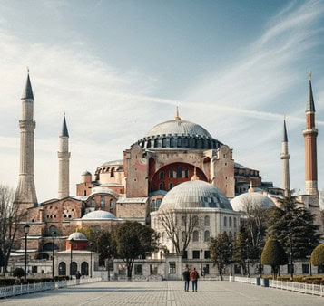 Majestic Hagia Sophia Mosque in Istanbul, Turkey, showcasing historic architecture, minarets, and a grand dome, ideal for exploring iconic India Tours & Travel destinations.