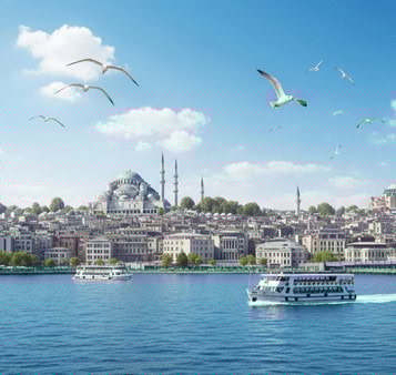 Vibrant view of Istanbul with historic mosques, modern buildings, and seagulls flying over the Bosphorus Strait, showcasing Turkey's rich cultural heritage and scenic beauty.