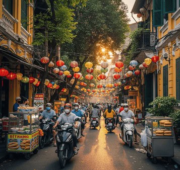 Vibrant street scene in Vietnam with colorful lanterns, bustling market stalls, and motorbikes, capturing the lively atmosphere of travel destinations in Asia.