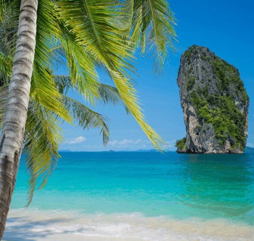 Pristine tropical beach with palm trees and a limestone rock formation in the turquoise sea, perfect for India tourism and travel adventures.
