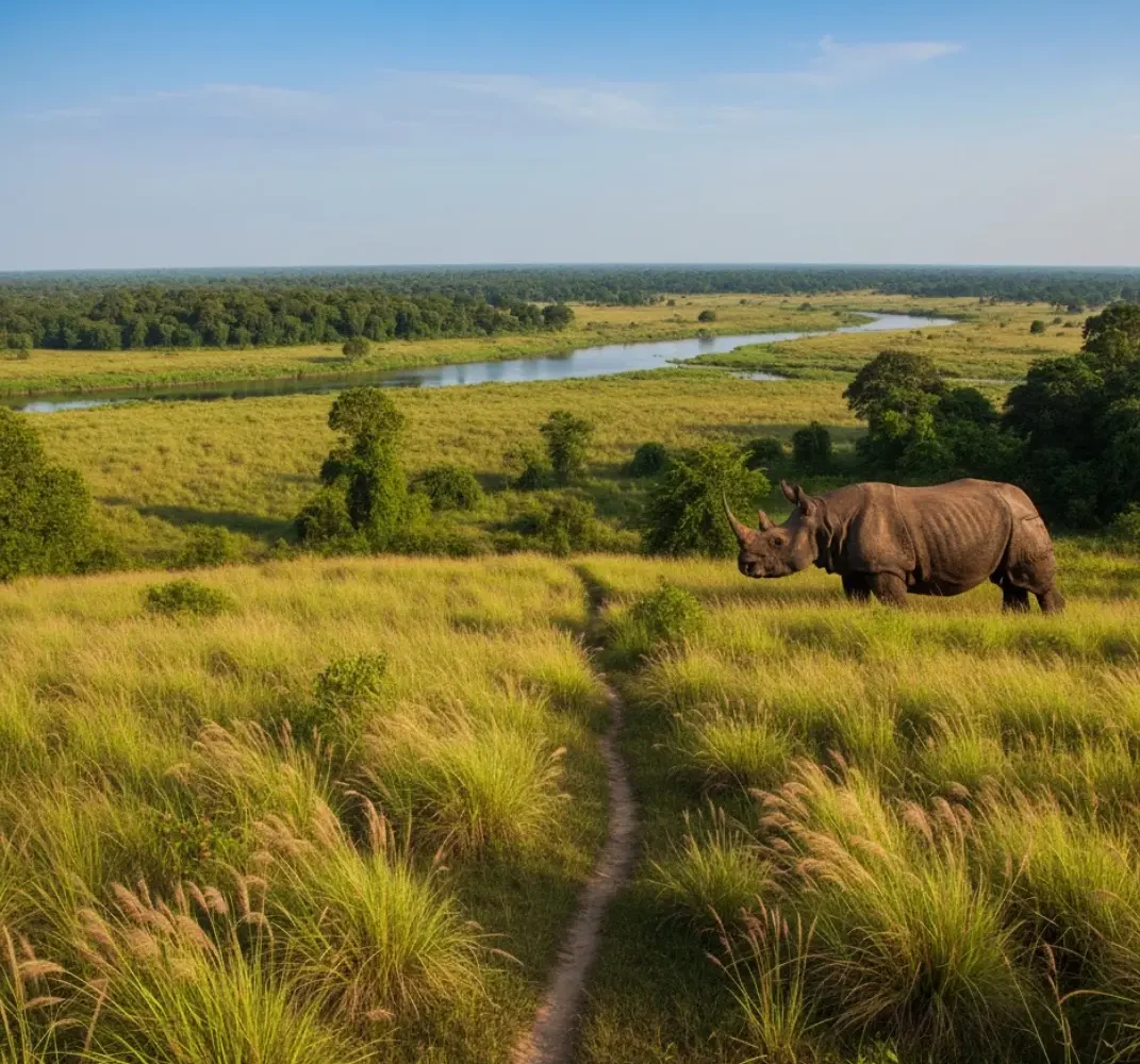 A hyper-realistic, panoramic view of Kaziranga National Park in Assam, India, featuring an Indian one-horned rhinoceros in a vast, vibrant grassland savanna with tall elephant grass, dense tropical forest, and a serene river under a brilliant blue sky.