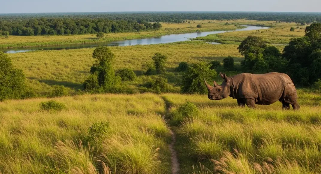 A hyper-realistic, panoramic view of Kaziranga National Park in Assam, India, featuring an Indian one-horned rhinoceros in a vast, vibrant grassland savanna with tall elephant grass, dense tropical forest, and a serene river under a brilliant blue sky.
