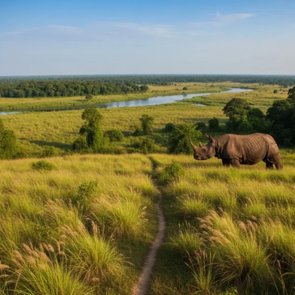 A hyper-realistic, panoramic view of Kaziranga National Park in Assam, India, featuring an Indian one-horned rhinoceros in a vast, vibrant grassland savanna with tall elephant grass, dense tropical forest, and a serene river under a brilliant blue sky.