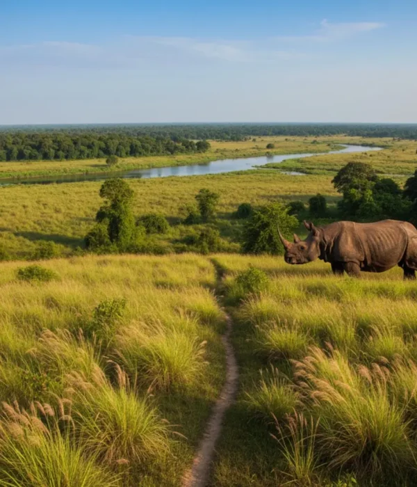 A hyper-realistic, panoramic view of Kaziranga National Park in Assam, India, featuring an Indian one-horned rhinoceros in a vast, vibrant grassland savanna with tall elephant grass, dense tropical forest, and a serene river under a brilliant blue sky.