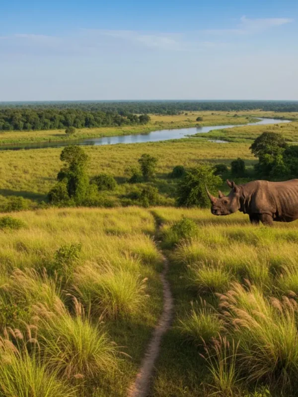 A hyper-realistic, panoramic view of Kaziranga National Park in Assam, India, featuring an Indian one-horned rhinoceros in a vast, vibrant grassland savanna with tall elephant grass, dense tropical forest, and a serene river under a brilliant blue sky.