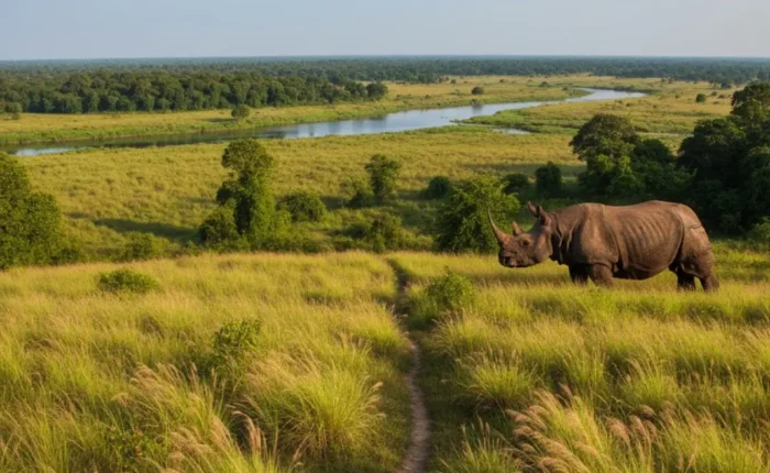 A hyper-realistic, panoramic view of Kaziranga National Park in Assam, India, featuring an Indian one-horned rhinoceros in a vast, vibrant grassland savanna with tall elephant grass, dense tropical forest, and a serene river under a brilliant blue sky.
