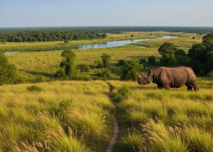 A hyper-realistic, panoramic view of Kaziranga National Park in Assam, India, featuring an Indian one-horned rhinoceros in a vast, vibrant grassland savanna with tall elephant grass, dense tropical forest, and a serene river under a brilliant blue sky.