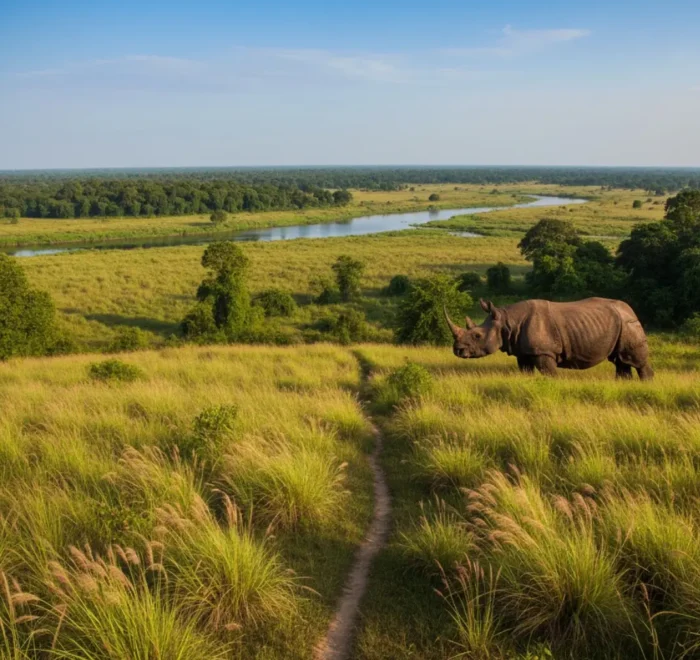 A hyper-realistic, panoramic view of Kaziranga National Park in Assam, India, featuring an Indian one-horned rhinoceros in a vast, vibrant grassland savanna with tall elephant grass, dense tropical forest, and a serene river under a brilliant blue sky.