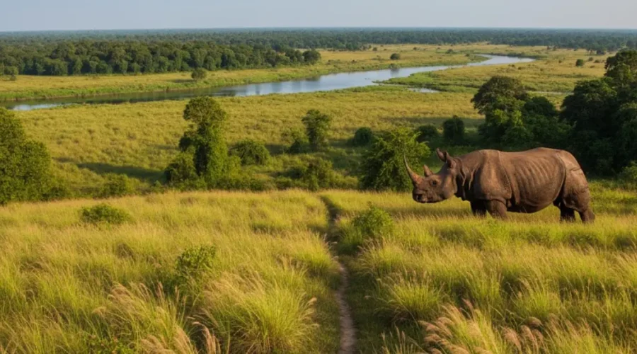 A hyper-realistic, panoramic view of Kaziranga National Park in Assam, India, featuring an Indian one-horned rhinoceros in a vast, vibrant grassland savanna with tall elephant grass, dense tropical forest, and a serene river under a brilliant blue sky.