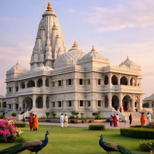 Vrindavan travel image featuring Prem Mandir’s white marble temple, landscaped gardens, colorful flowers, peacocks, and peaceful devotional surroundings.