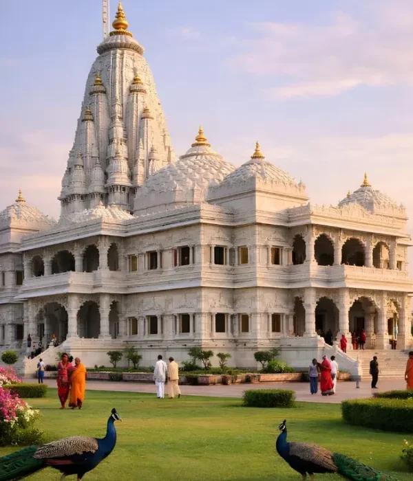 Vrindavan travel image featuring Prem Mandir’s white marble temple, landscaped gardens, colorful flowers, peacocks, and peaceful devotional surroundings.