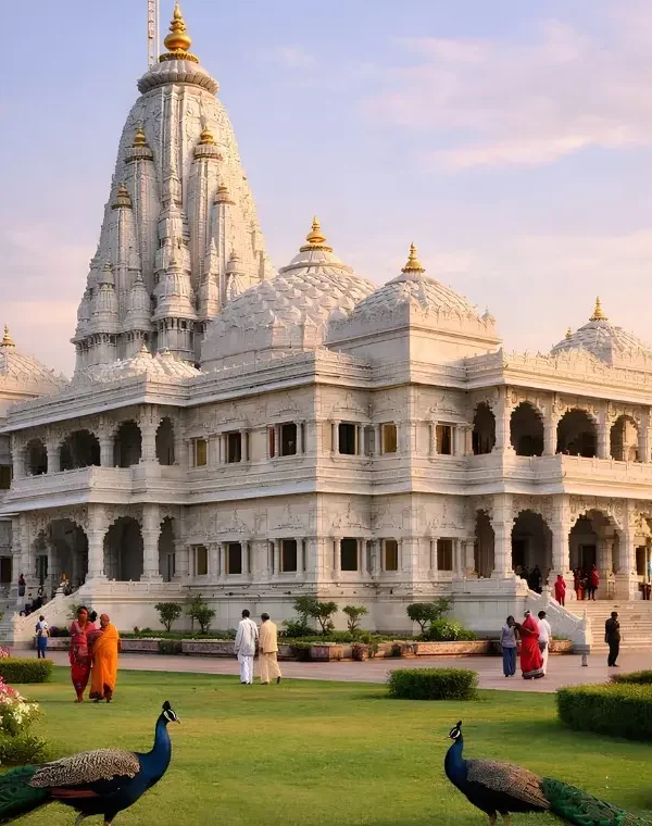 Vrindavan travel image featuring Prem Mandir’s white marble temple, landscaped gardens, colorful flowers, peacocks, and peaceful devotional surroundings.