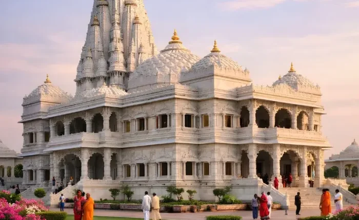 Vrindavan travel image featuring Prem Mandir’s white marble temple, landscaped gardens, colorful flowers, peacocks, and peaceful devotional surroundings.