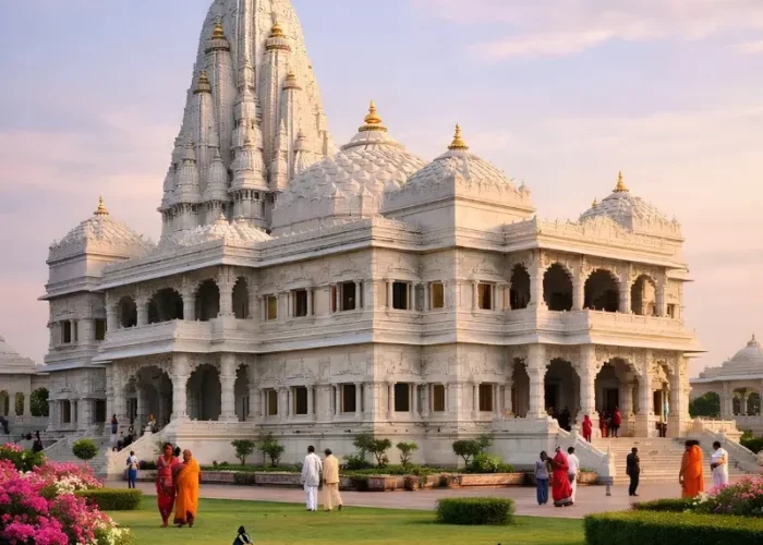 Vrindavan travel image featuring Prem Mandir’s white marble temple, landscaped gardens, colorful flowers, peacocks, and peaceful devotional surroundings.