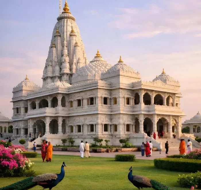 Vrindavan travel image featuring Prem Mandir’s white marble temple, landscaped gardens, colorful flowers, peacocks, and peaceful devotional surroundings.