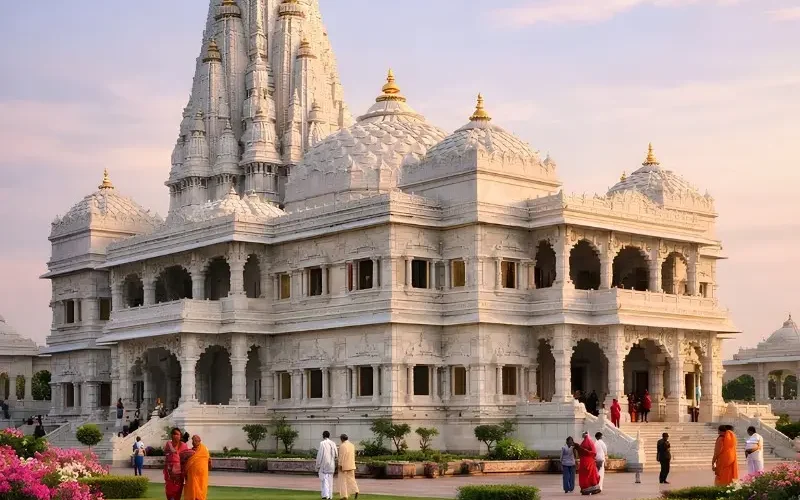 Vrindavan travel image featuring Prem Mandir’s white marble temple, landscaped gardens, colorful flowers, peacocks, and peaceful devotional surroundings.