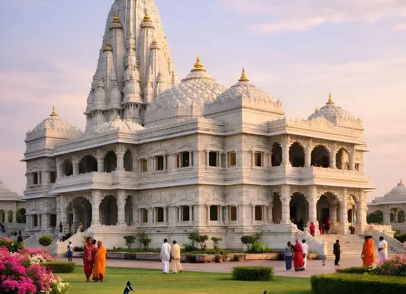 Vrindavan travel image featuring Prem Mandir’s white marble temple, landscaped gardens, colorful flowers, peacocks, and peaceful devotional surroundings.