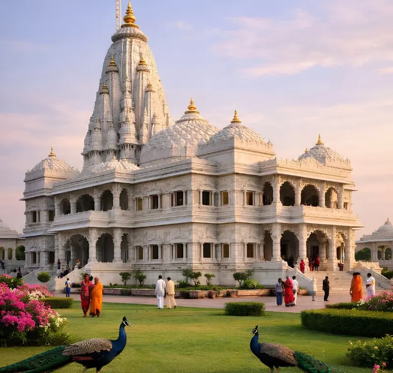 Vrindavan travel image featuring Prem Mandir’s white marble temple, landscaped gardens, colorful flowers, peacocks, and peaceful devotional surroundings.