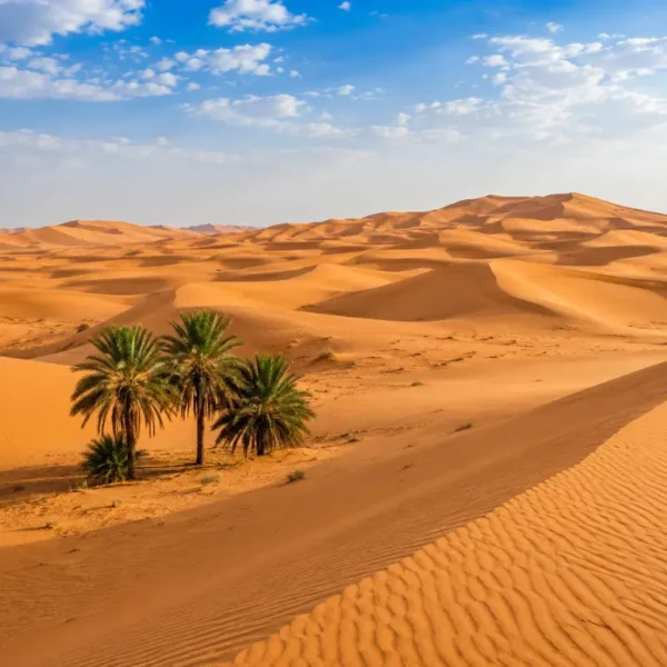 Realistic daytime view of Wahiba Sands with golden desert dunes, rippled sand textures, and a clear blue sky.