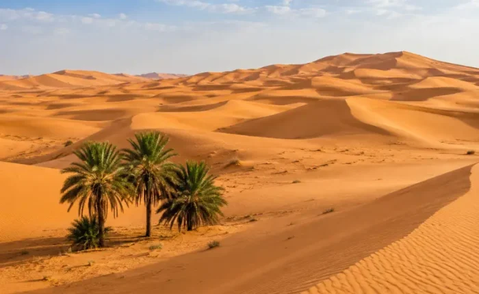 Realistic daytime view of Wahiba Sands with golden desert dunes, rippled sand textures, and a clear blue sky.