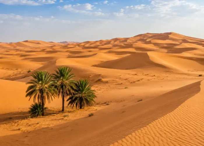 Realistic daytime view of Wahiba Sands with golden desert dunes, rippled sand textures, and a clear blue sky.