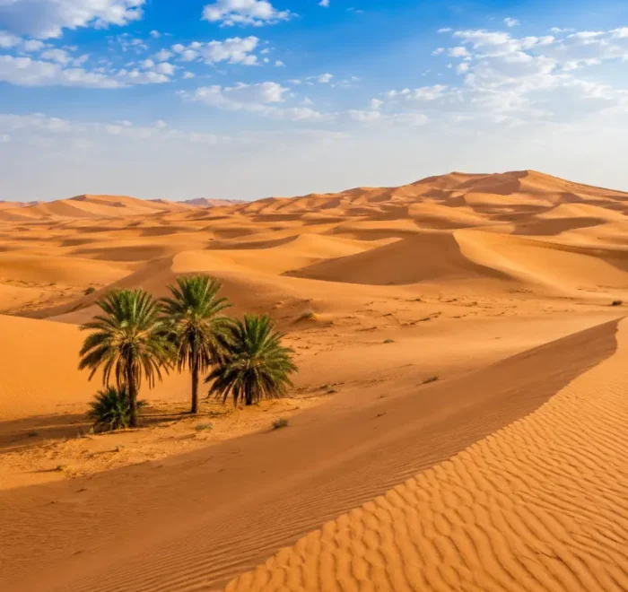 Realistic daytime view of Wahiba Sands with golden desert dunes, rippled sand textures, and a clear blue sky.
