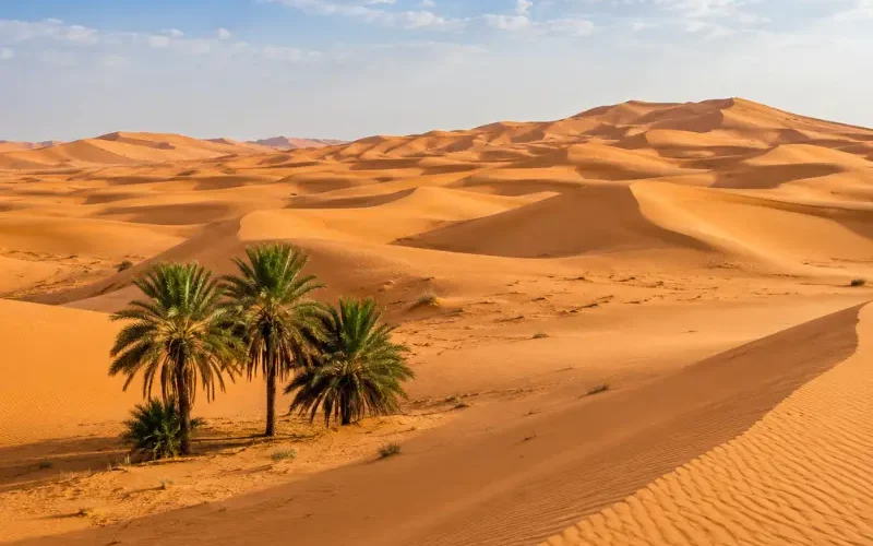 Realistic daytime view of Wahiba Sands with golden desert dunes, rippled sand textures, and a clear blue sky.