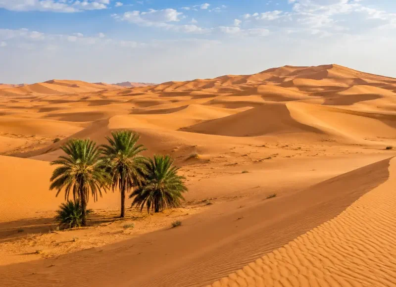 Realistic daytime view of Wahiba Sands with golden desert dunes, rippled sand textures, and a clear blue sky.