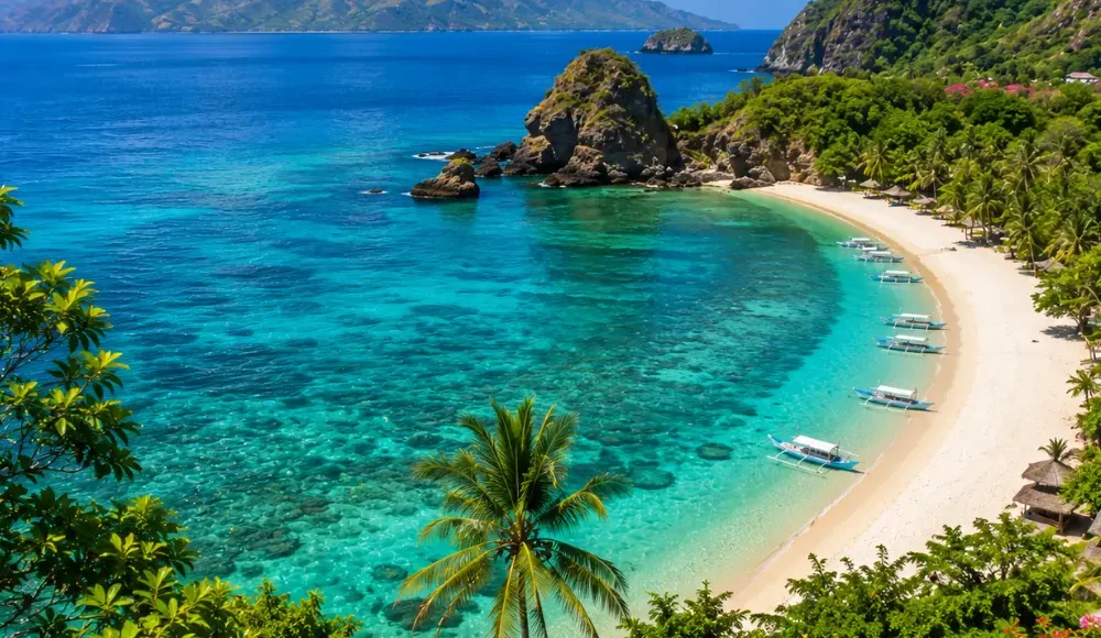 Lombok Island Indonesia with turquoise beach, Mount Rinjani views, tropical palms, and bright morning atmosphere.