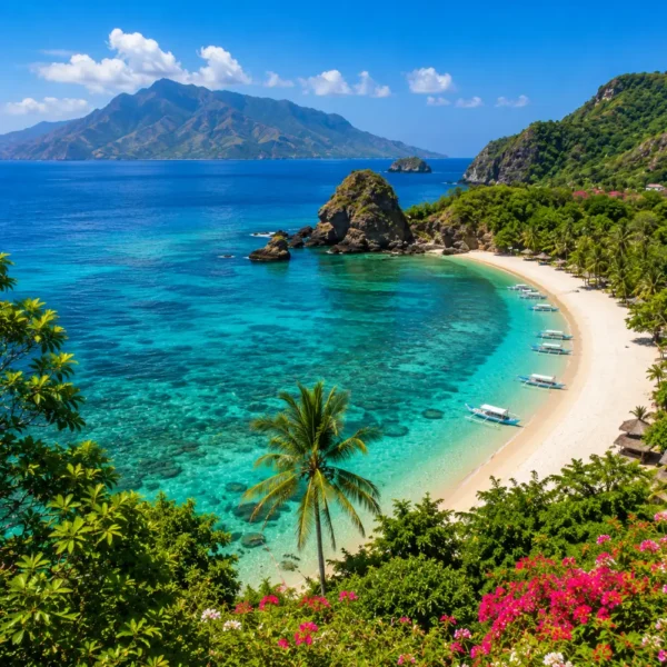 Lombok Island Indonesia with turquoise beach, Mount Rinjani views, tropical palms, and bright morning atmosphere.