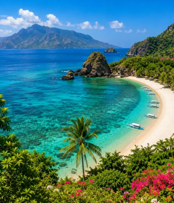 Lombok Island Indonesia with turquoise beach, Mount Rinjani views, tropical palms, and bright morning atmosphere.