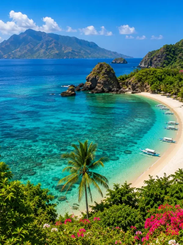 Lombok Island Indonesia with turquoise beach, Mount Rinjani views, tropical palms, and bright morning atmosphere.