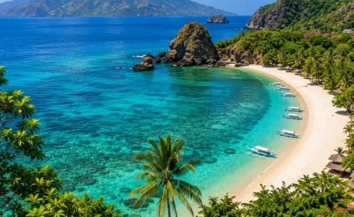 Lombok Island Indonesia with turquoise beach, Mount Rinjani views, tropical palms, and bright morning atmosphere.