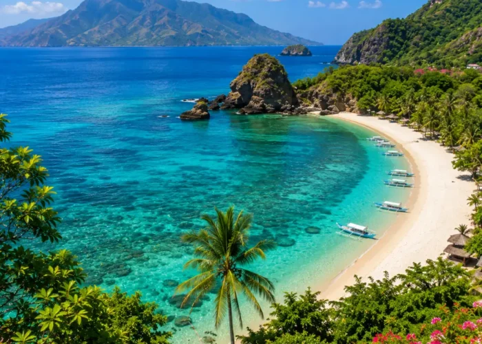 Lombok Island Indonesia with turquoise beach, Mount Rinjani views, tropical palms, and bright morning atmosphere.