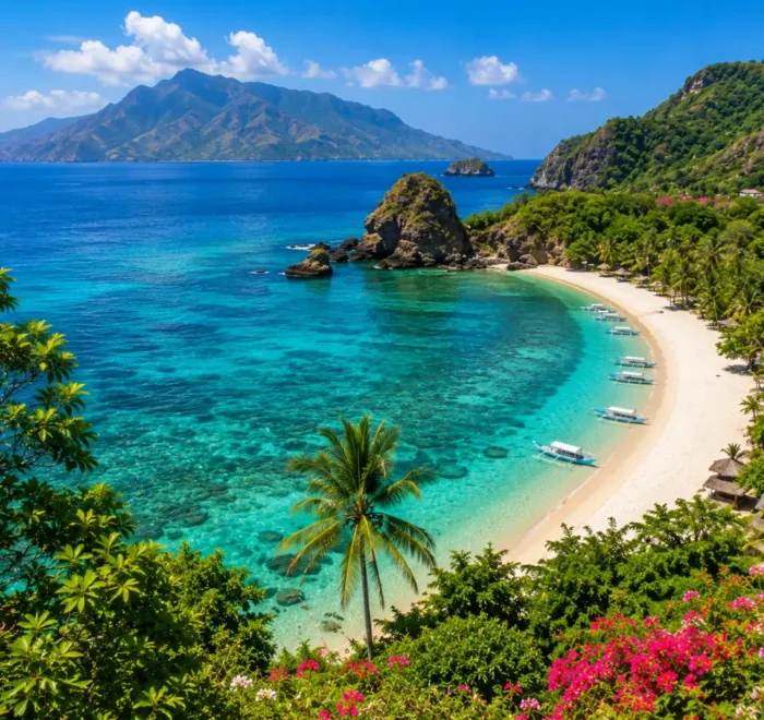 Lombok Island Indonesia with turquoise beach, Mount Rinjani views, tropical palms, and bright morning atmosphere.