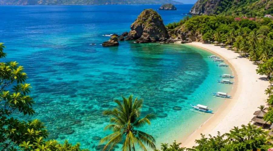 Lombok Island Indonesia with turquoise beach, Mount Rinjani views, tropical palms, and bright morning atmosphere.