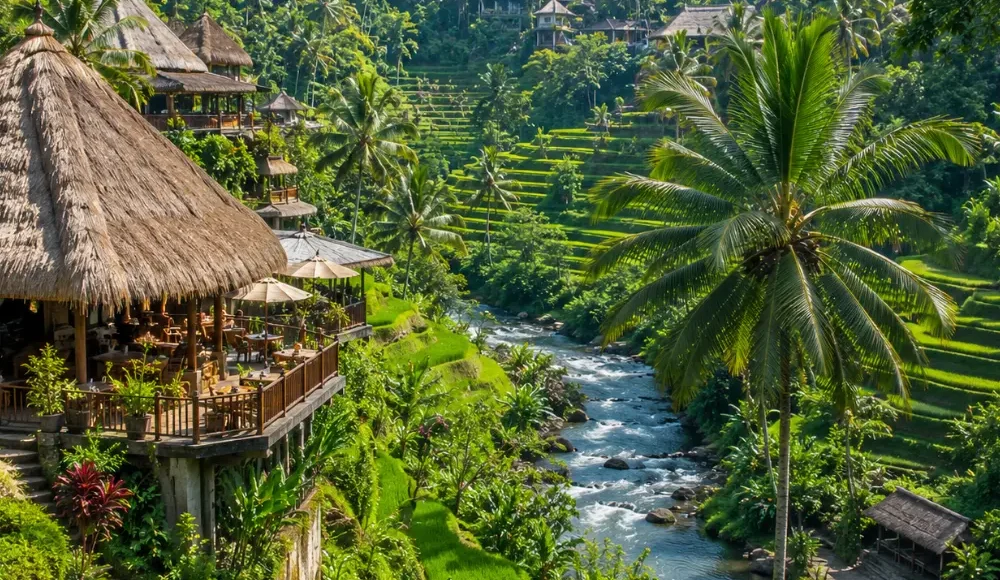 Ubud Bali with green rice terraces, tropical jungle, traditional Balinese temple, and bright morning atmosphere.